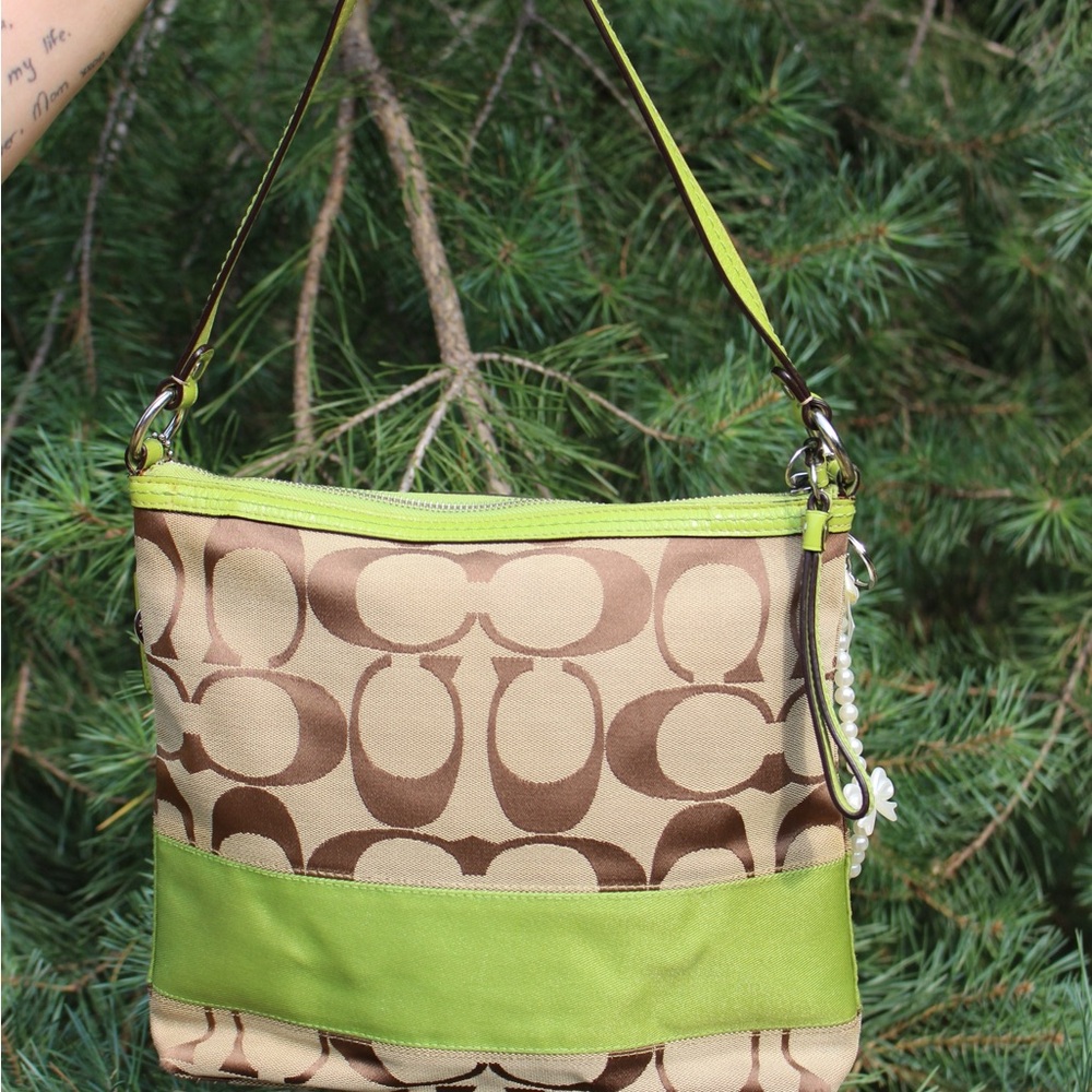 Coach Signature Canvas Shoulder Bag with Lime Green Trim - Picture 2 of 6